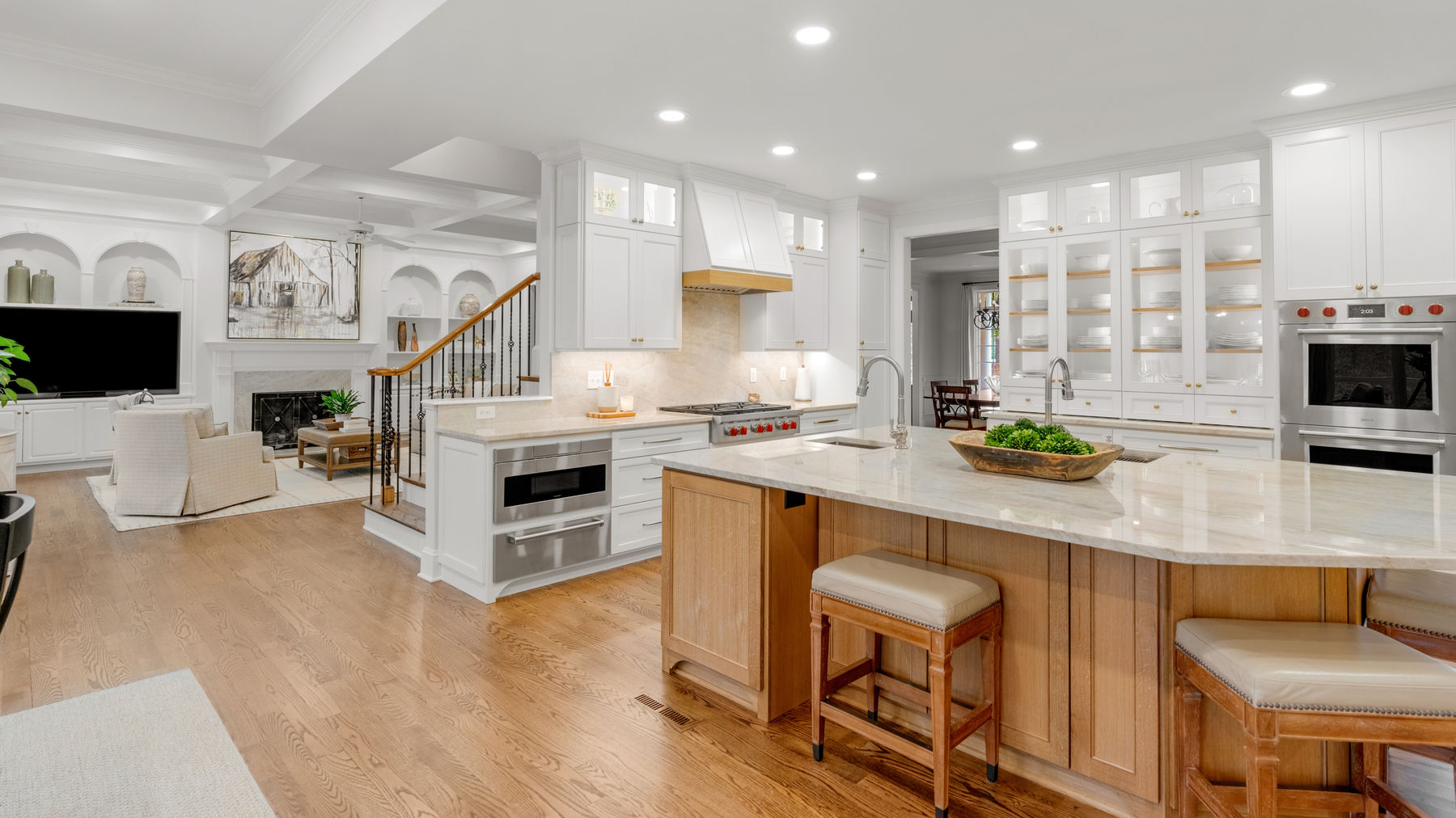 Redesigned Charlotte kitchen opening onto the surrounding living spaces